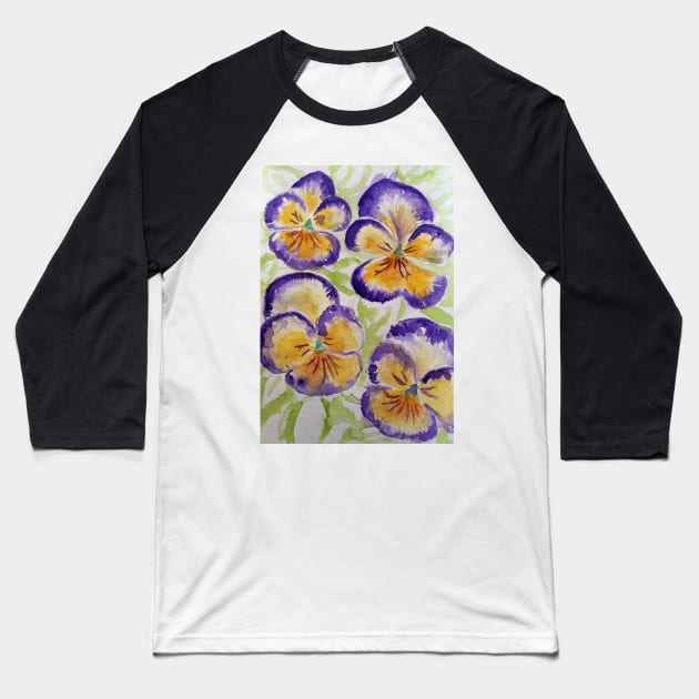 Viola Watercolor Purple Edged Yellow Floral Pattern Baseball T-Shirt by SarahRajkotwala